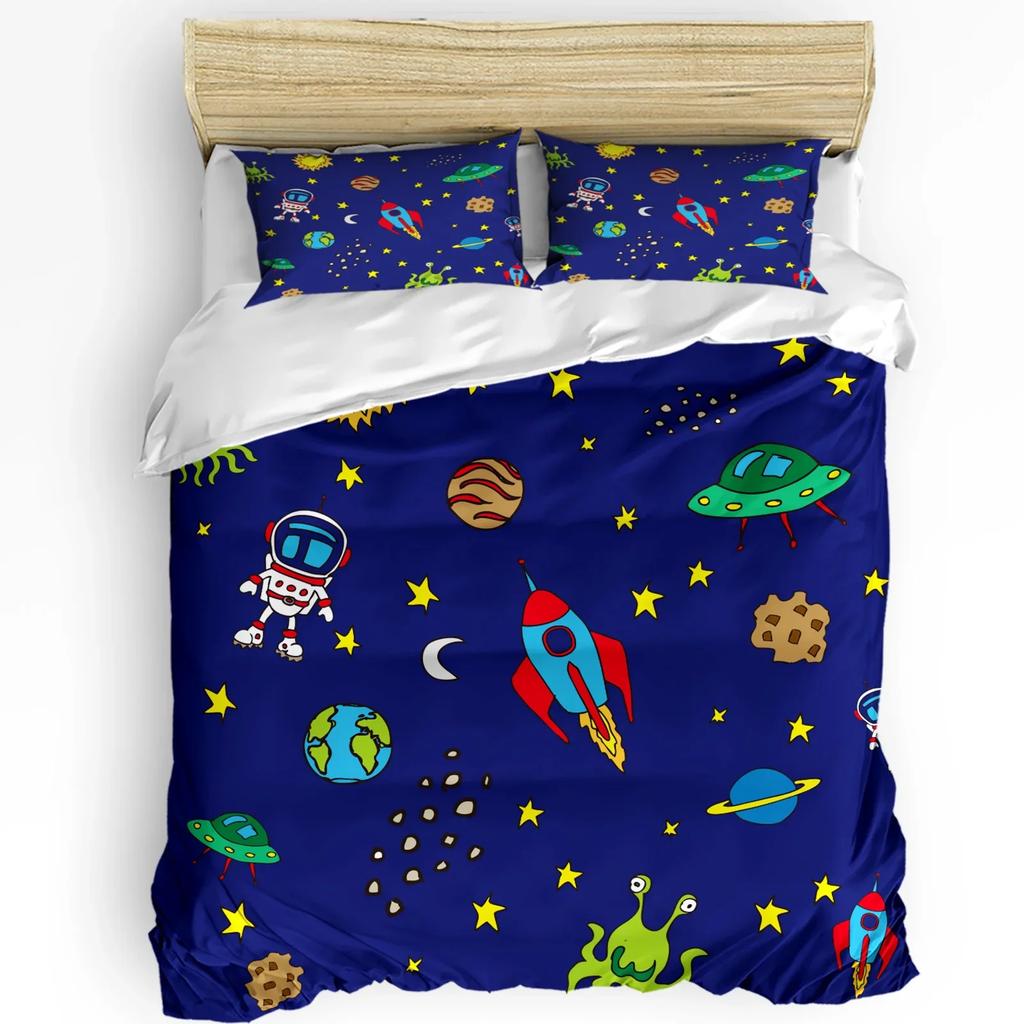 Outer Space Cartoon Cute Spaceship Rocket Duvet Cover with Pillow Case 3pcs Bedding Set Quilt Cover Double Bed Home Textile