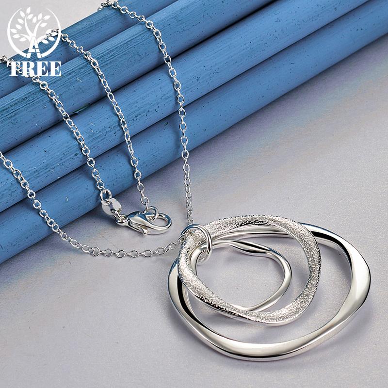 925 Sterling Silver Three Circle Pendant Chain Frosted Necklace Jewelry