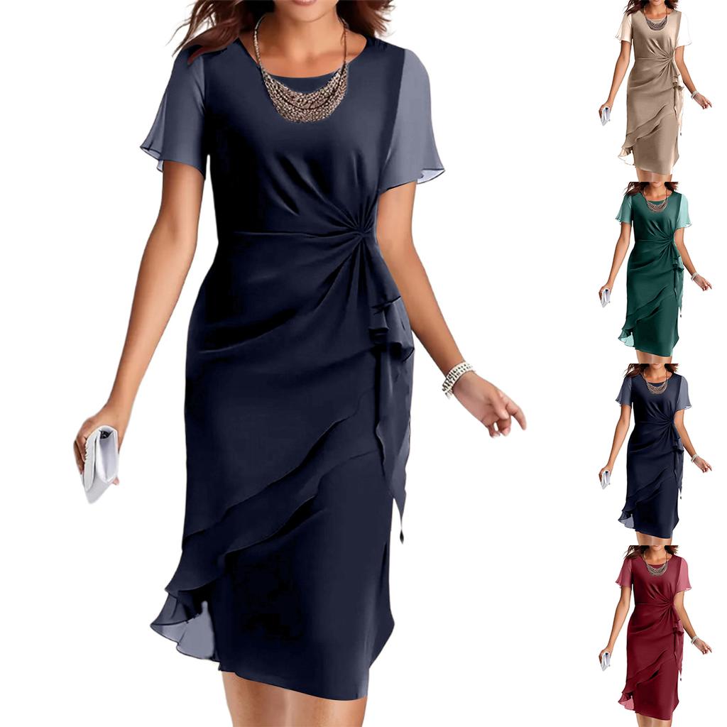 Women's Summer Dress Slim Fit Dress Color Chiffon Round Neck Short Sleeved Dress