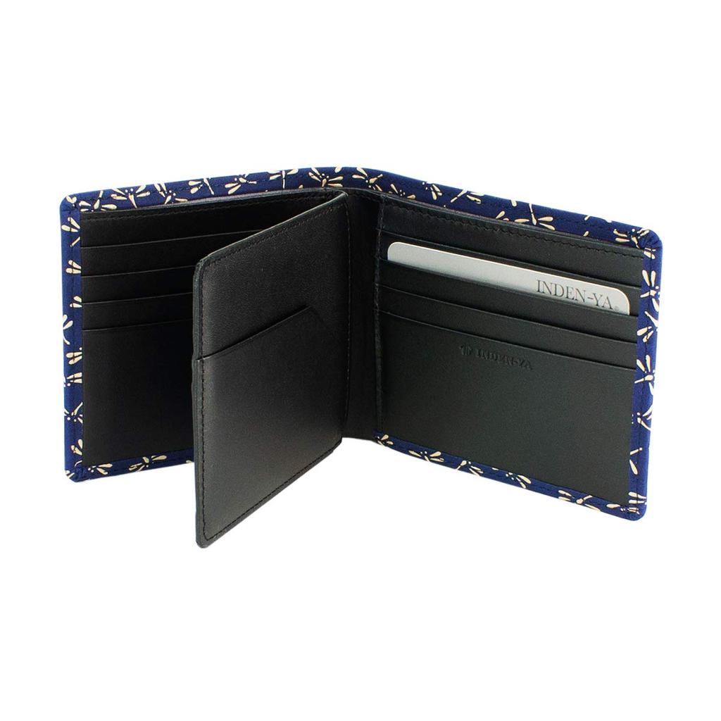 Inden Bifold Billfold No Coin Navy Blue X White Dragonfly Pattern [Indenya] Wallet, Wallet, F, Purse, Deerskin, Lacquer, 2009-14-008