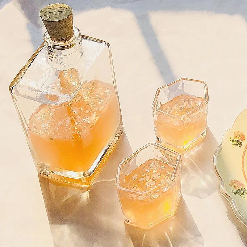 280ML Square Shaped Juice Glass Bottle Barware Whiskey Decanter Alcohol Perfume Wooden Cork Ransparent Set Espresso Cups