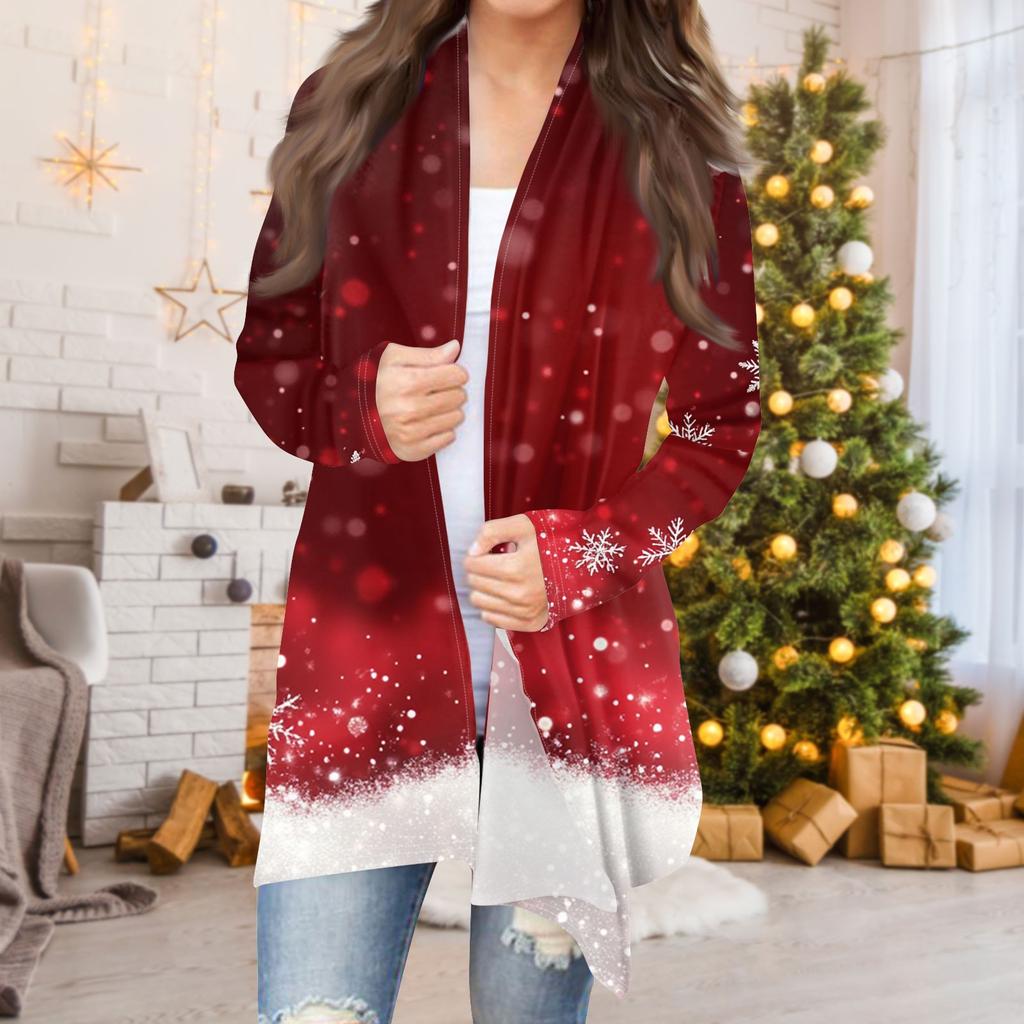 Женская мода повседневная рождественская печать средней длины кардиган куртка пальто