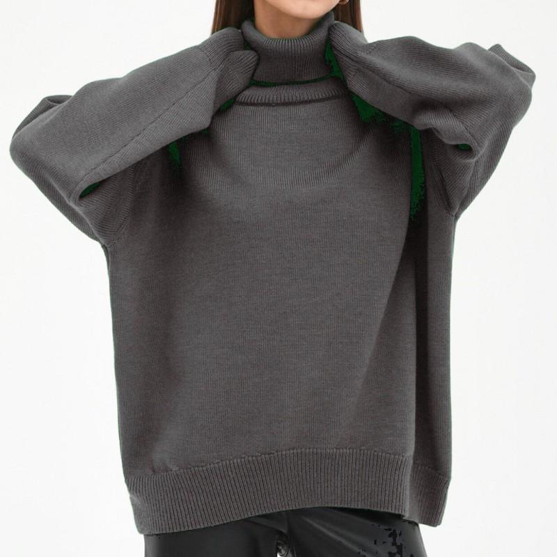 Womens Solid Color High Neck Knit Sweater Loose Fit Winter 2026 Casual Streetwear Long Sleeve Pullover