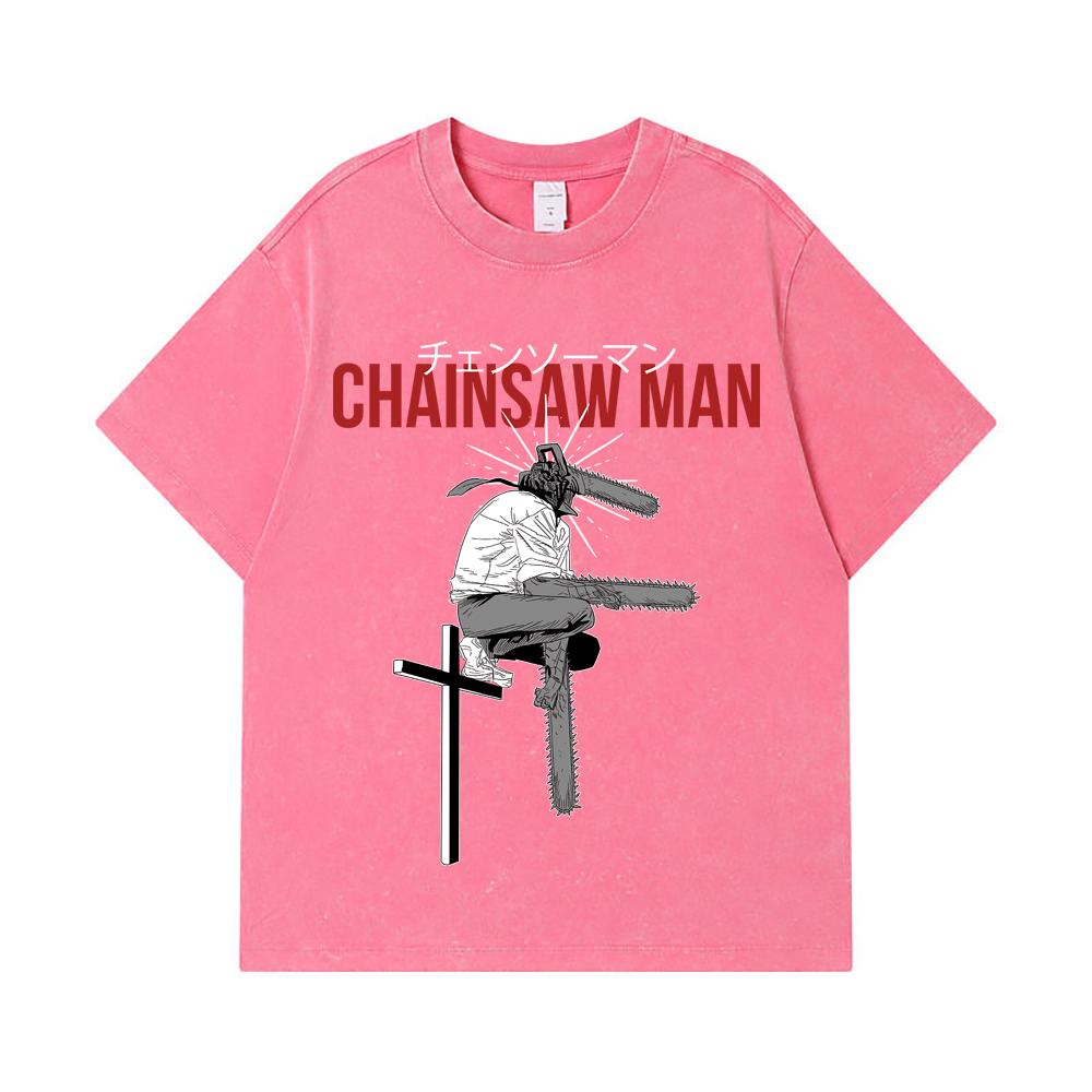 275 GSM Washed T-shirts 100% Cotton Chainsaw Man V41 Denji Print Unisex Heavy Cotton T Shirt