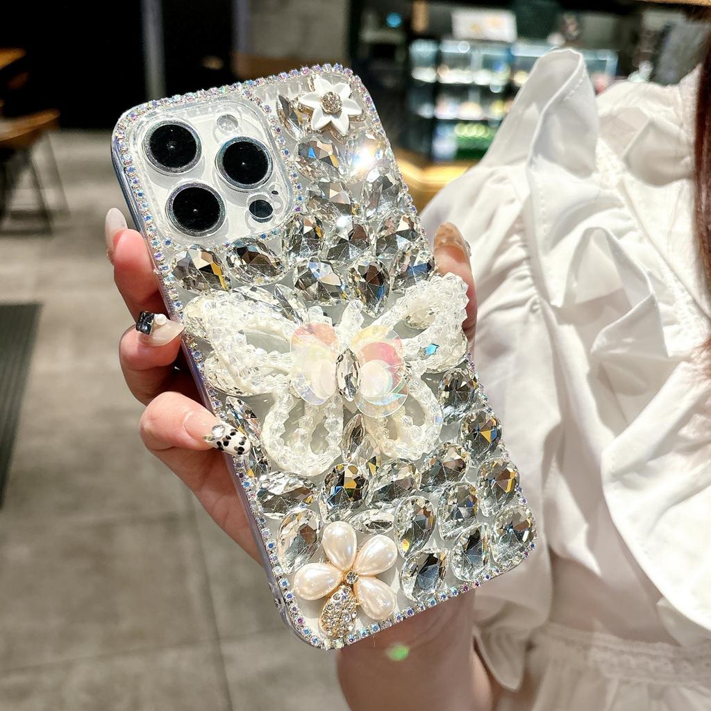For iPhone 16 Pro Max Case Glass Rhinestone Decor Butterfly Pattern TPU Phone Back Cover