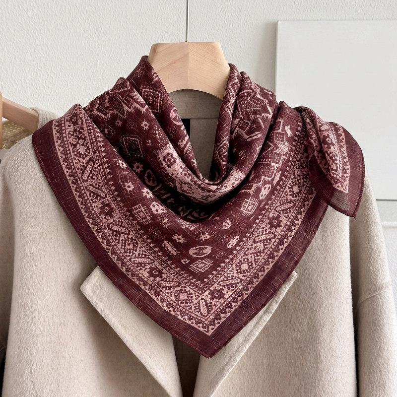 Spring and Autumn new cotton and linen small square scarf neck protection fashionable blue floral silk scarf scarf Japanese style cotton and linen ret