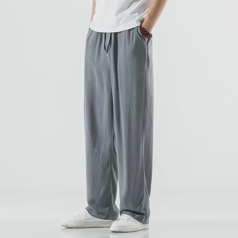 Men's Chinese Retro Tang Suit Ice Silk Wide-Leg Casual Trousers