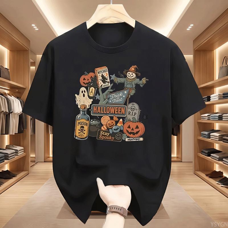 Halloween Tshirt Unisex Unisexs Spooky Season Graphic Tee Pumpkin Ghost Scarecrow Tshirt Cotton Short Sleeve Loose Tees