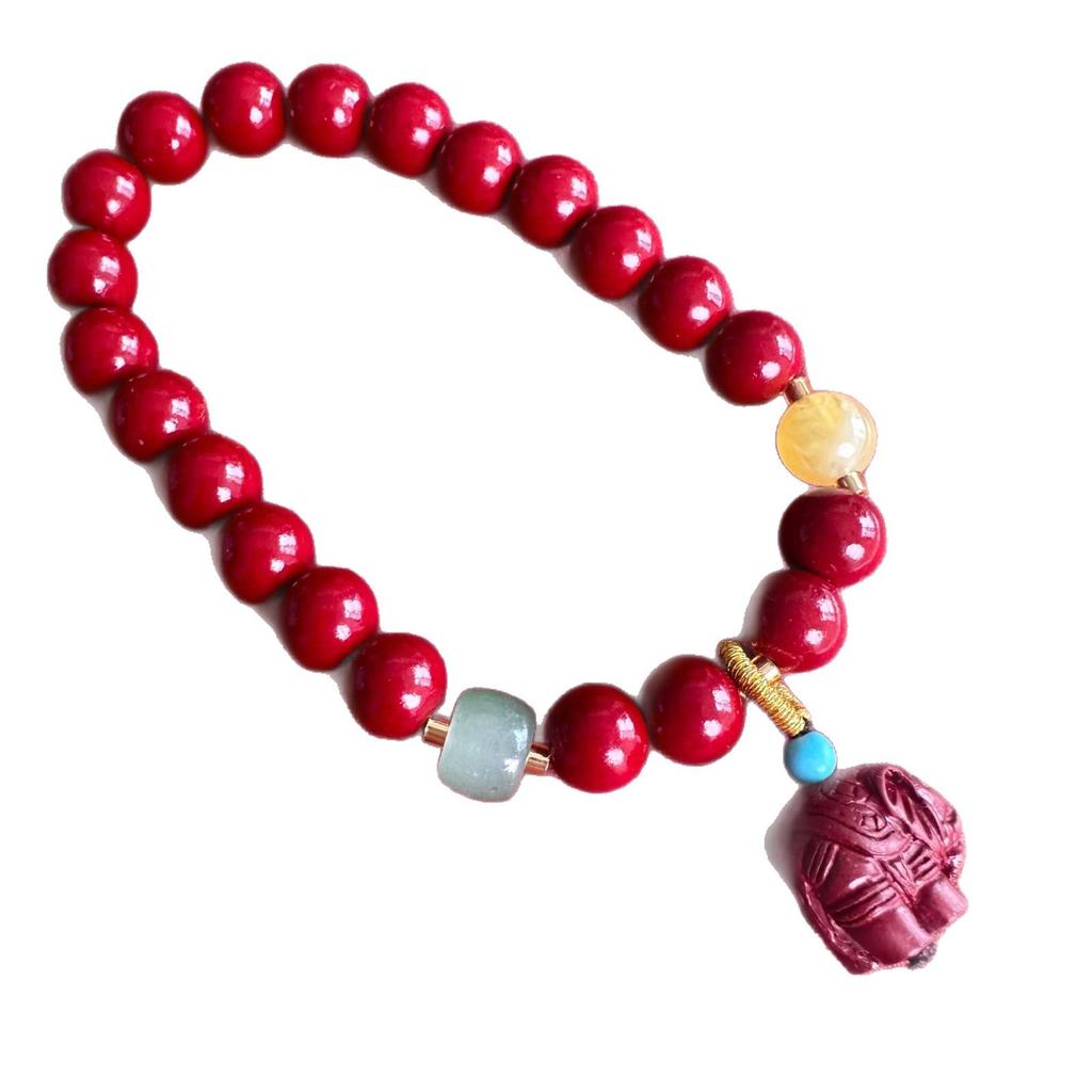 Chinese Style Cinnabar Elephant Bead Bracelet - Cultural Prayer Hand Ornament for Women