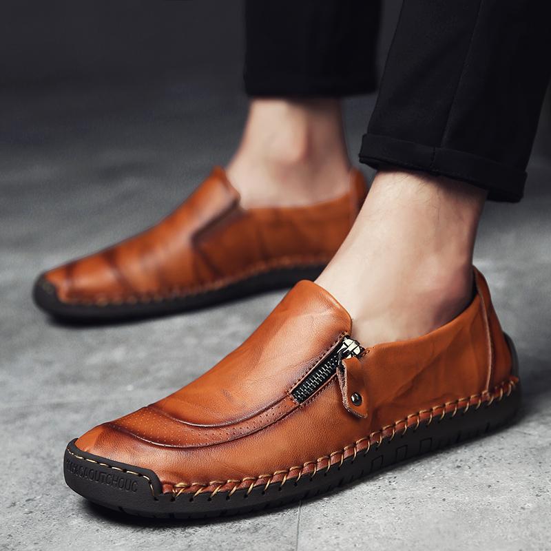 Men's Casual Patchwork Leather Zip Split Round Toe Slip-on Shoes Fashion Antiskid Suture Sole Loafer