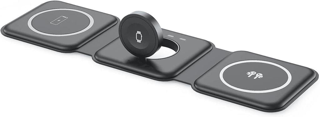 3-in-1 Wireless Charging Pad Portable Magnetic Foldable Travel Charger with Adapter for iPhone 13/12/Pro/Max, iWatch, AirPods 3/2/Pro, Black