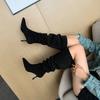 Pleated Faux Suede Knee-High Boots Women Pointed Toe Slip-On Western Cowboy Boots Woman 2025 Autumn Thin Heels Long Botas Mujer