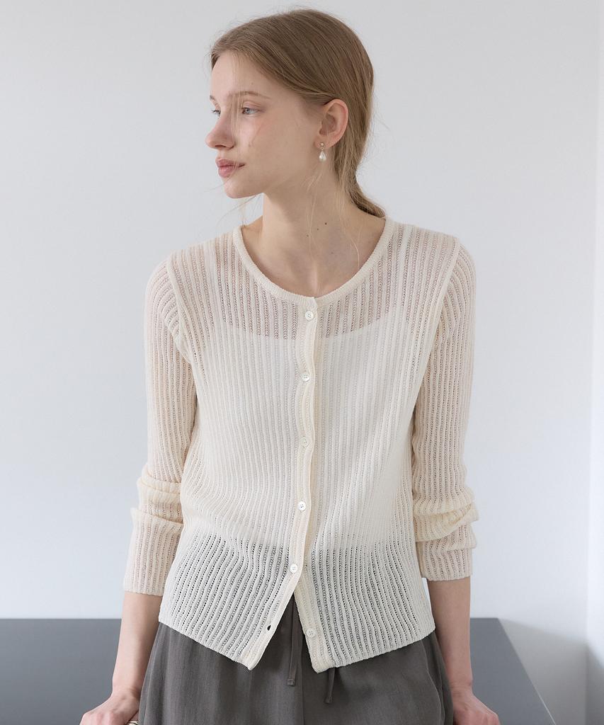 OURHOPE Linen Round Neck Ribbed Cardigan - Ivory