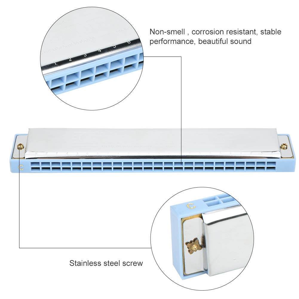 24-Hole Professional Mouth Organ, Diatonic Harp, Loud Sound C Key Harmonica, for Students, Children, and Home Entertainment (Blue)