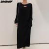 Dimanaf Женское 2022 новое осеннее платье в полоску больших размеров, элегантное длинное платье, свободное платье с круглым вырезом, черные платья макси
