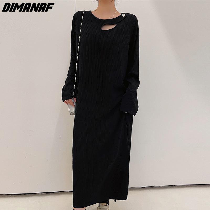 Dimanaf Женское 2022 новое осеннее платье в полоску больших размеров, элегантное длинное платье, свободное платье с круглым вырезом, черные платья макси