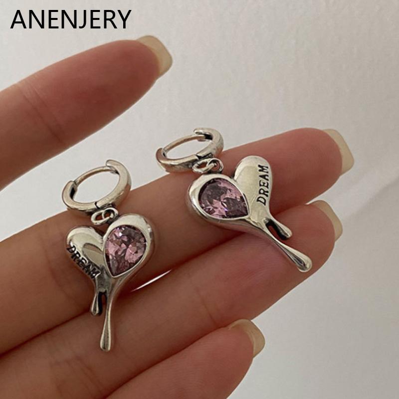 ANENJERY Special-Shaped Pink Zircon Heart Earrings Female French Retro Big Peach Heart Earrings for Women Party Jewelry Aretes