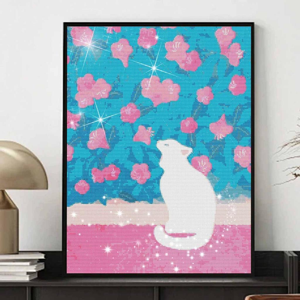 5D full round diamond painting set white cat flower garden living room decoration craft wall art