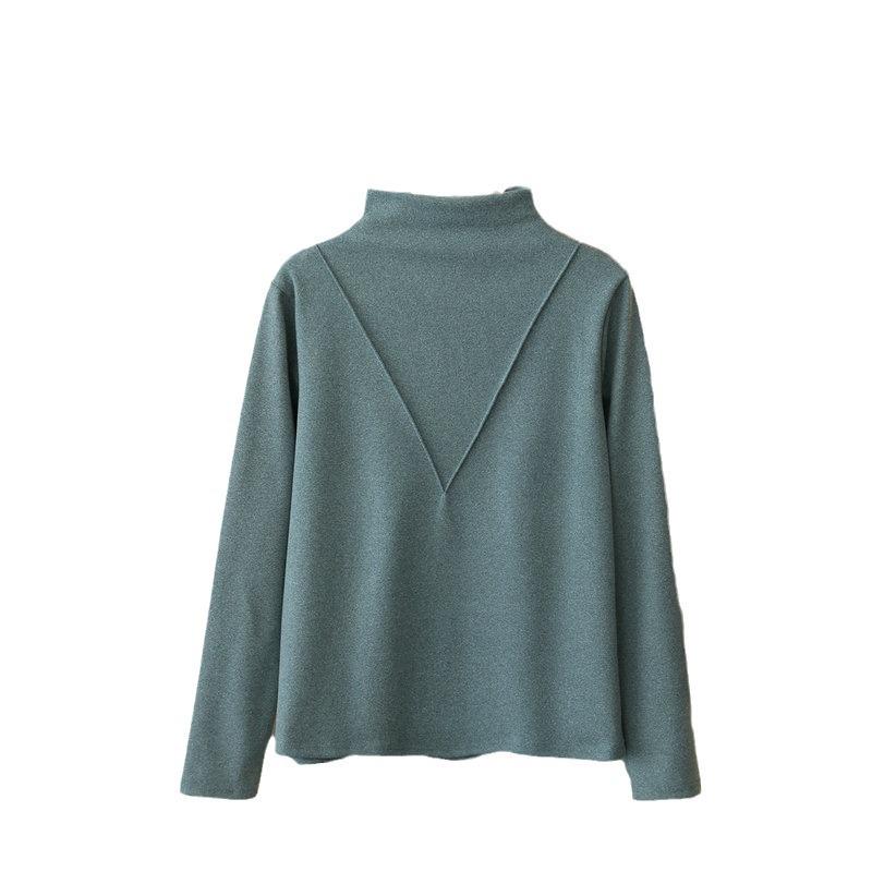 Women's Black Long-Sleeve Half-Turtleneck German Velvet Shirt - Stylish V-Cut Design for Autumn and Winter