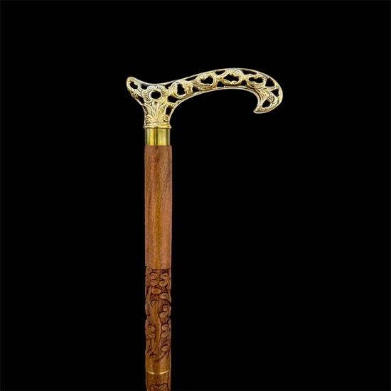 91.44 Cm Victorian Engraved Royal Walking Stick, Brass Flower Head with Wooden Engraved Walking Cane, Gifts For Him, Christmas Gift