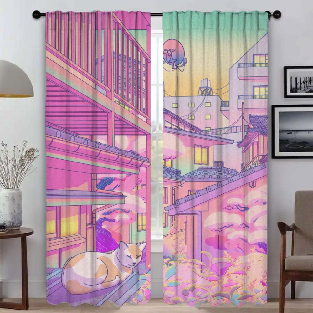 City Pop Curtains for Bedroom Halloween Decoration Kitchen Curtains 2 Pieces Window Curtain Partition Living Room Curtain Shades