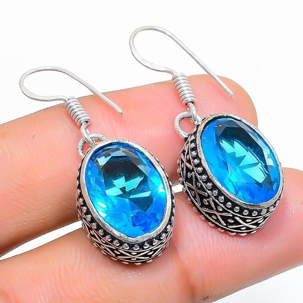 Швейцарский голубой топаз драгоценный камень 925 стерлинговое серебро подарок ювелирное изделие серьга 1,42"