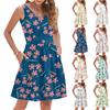 Женская летняя модная повседневная V-образная плиссированная сшивная маленькая цветочная печать без рукавов жилетное платье с карманами