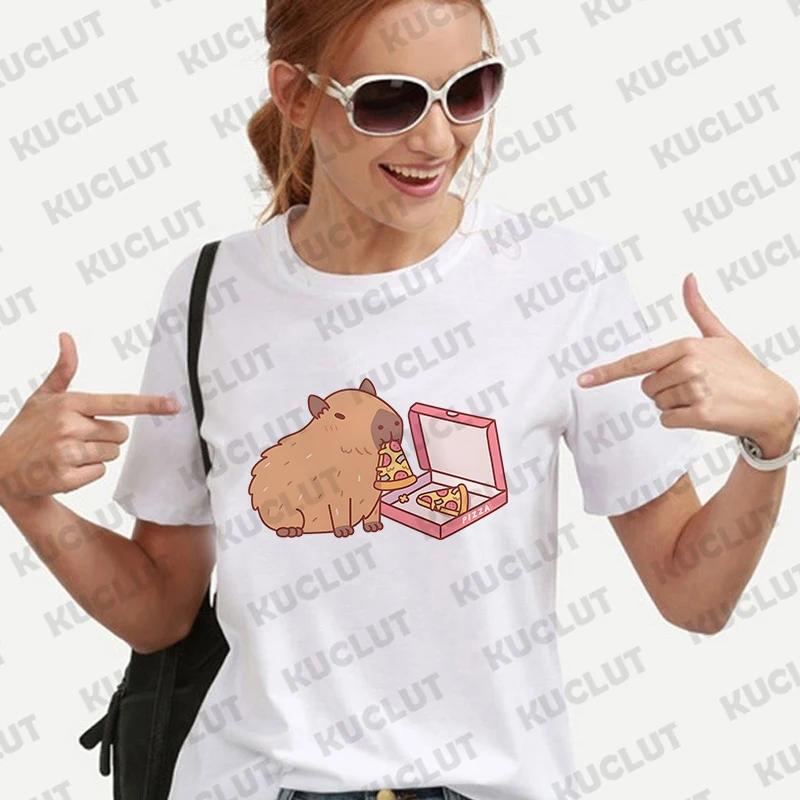 Cute Capybara Anime Women's T-shirt Casual Ulzzang Short Sleeve Tees Cartoon Graphic Y2K Tops Female Blouse Aesthetic Clothing
