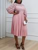 Pink Lace Dresses for Women Hollow Out Half Lantern Sleeves A Line Pleated Autumn Winter Party Night Club Large Size Gowns