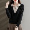 Fake Two Piece Knitted Sweater Women Fashion Lapel All Match V Neck Autumn Winter Pullover Top Casual Basic Sweaters