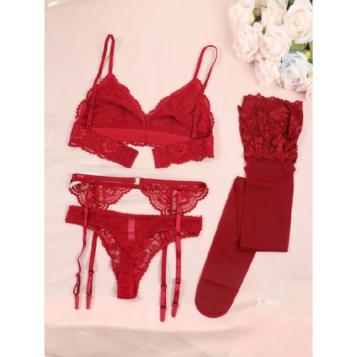 Varsbaby Lace Bra Sets for Women Non-padded Bra Panty Garter Stockings Summer Underwear Lingerie Sexy