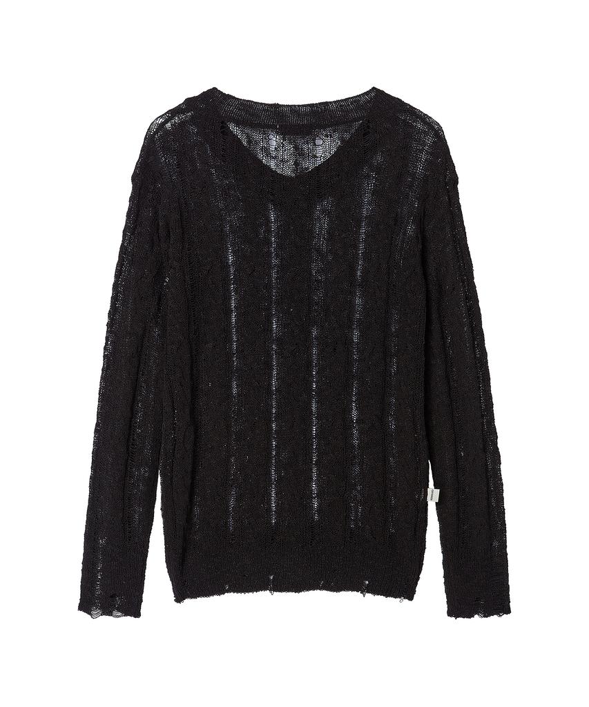 AWESOME STUDIO Distressed See-Through Long Sleeve Knit Black