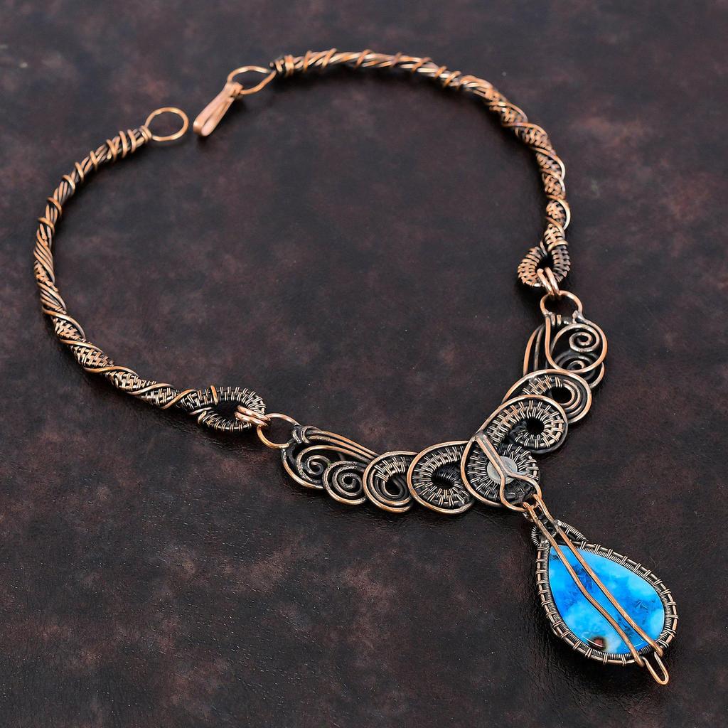 Смитсонитовое ожерелье, ювелирные изделия из медной проволоки, ожерелье из настоящего драгоценного камня, медное ожерелье ручной работы, проволочная обмотка, ожерелье из радужного лунного камня