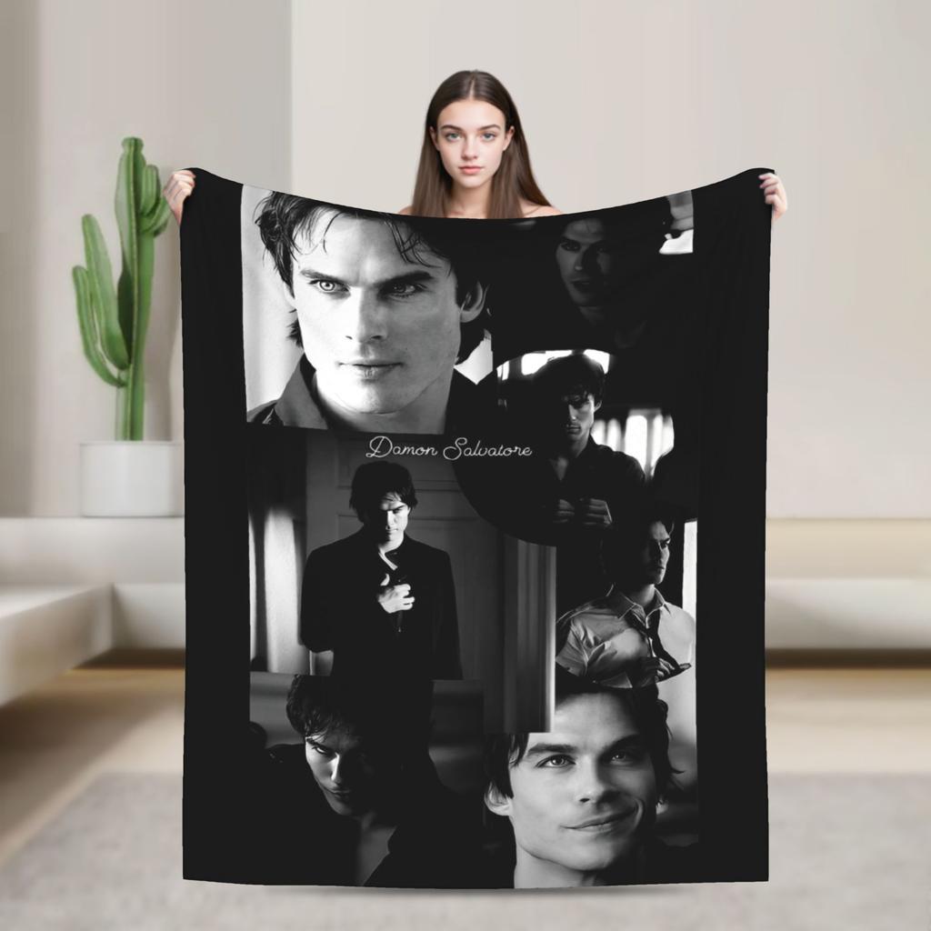 The Vampire Diaries Damon Salvatore Blanket Flannel All Season Portable Super Warm Throw Blankets for Bedding Car Bedspreads