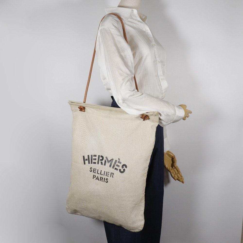 HERMES Alain GM Shoulder Bag beige canvas unisex Used