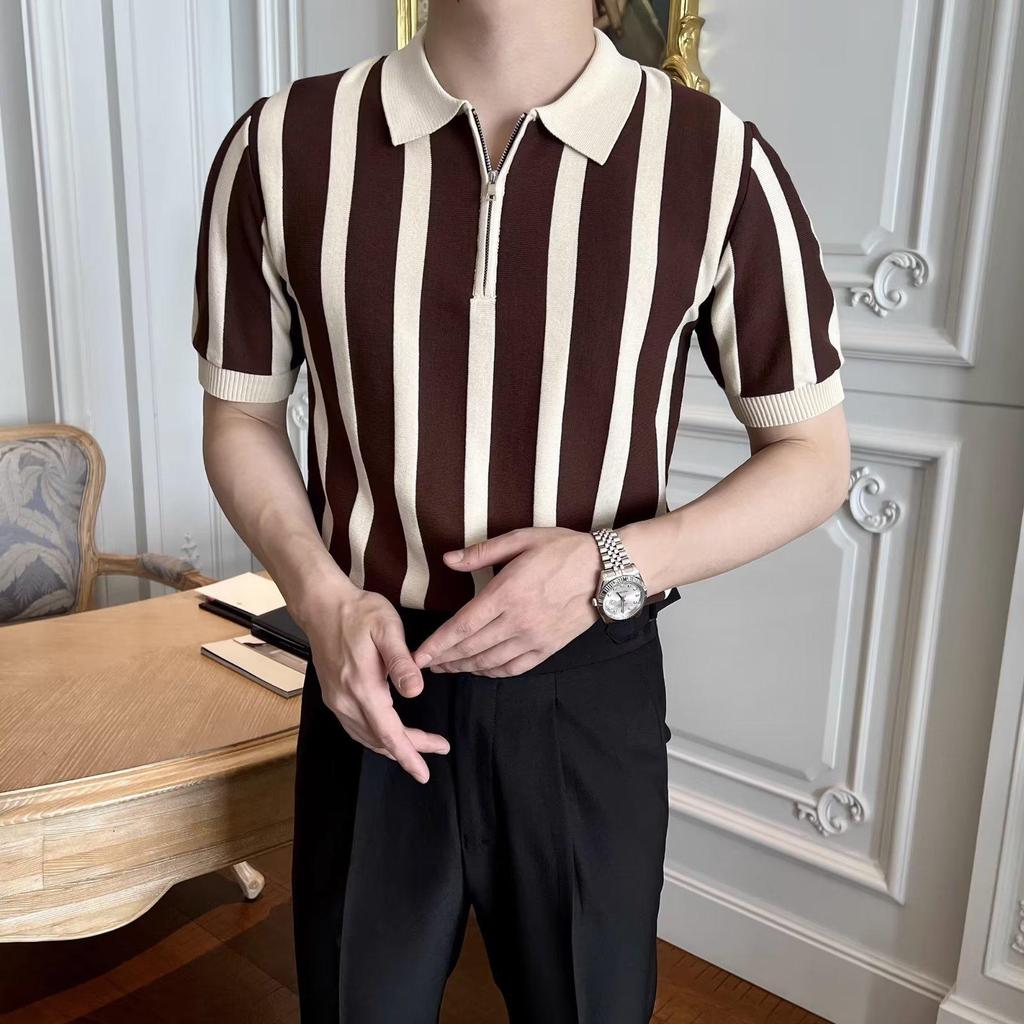 Мужская летняя полосатая рубашка-поло Slim Fit Ice Silk