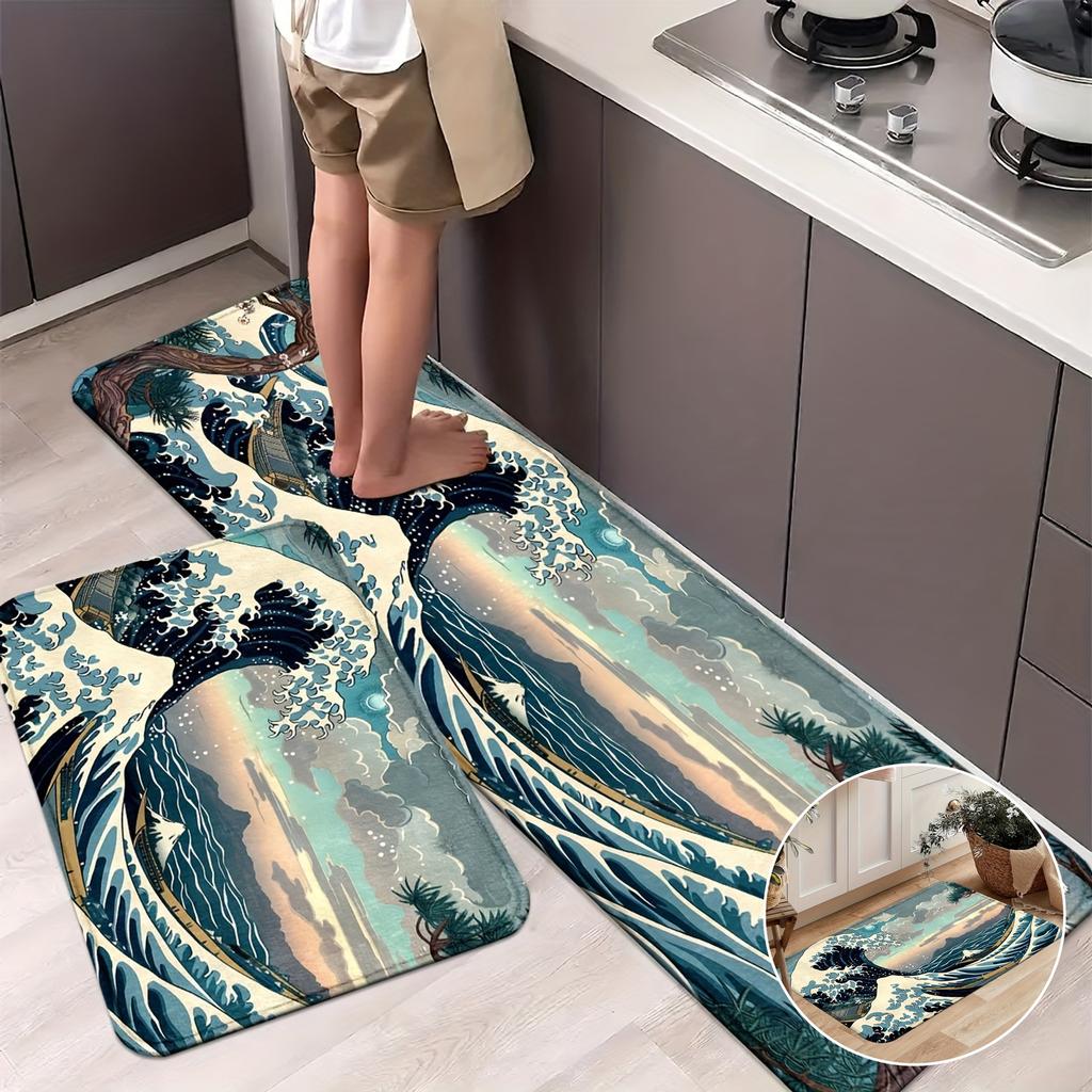Japanese Ukiyo-e The Great Wave off Kanagawa Kitchen Mat Non Slip Durable Runner Mat Artistic Living Room Study