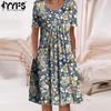 Women's Fashion Summer Spring Flower Pattern Print Short Sleeve O-Neck Middle Waistline Casual Dresses