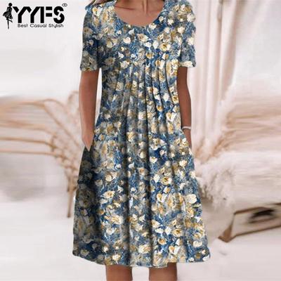 Женская мода лето весна цветочный узор принт с коротким рукавом и круглым вырезом со средней талией повседневные платья