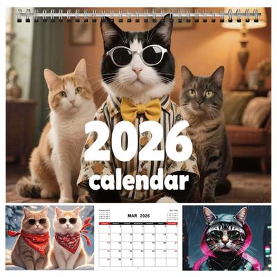 2026 Настенный календарь с кошками ЯНВ 2026 - ДЕК 2026 Смешной календарь с кошками 12-месячный планировщик с отверстием для подвешивания для любителей кошек и котят