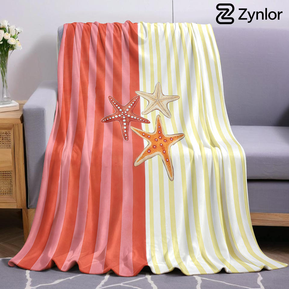Two Tone Stripe Starfish Lightweight Microfiber Soft Christmas Fleece Blanket Warm Cozy Throw for Sofa Office Travel All Season