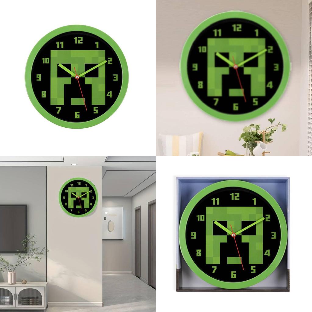 Тихие Настенные Часы с Зеленым Пиксельным Узором Minecraft для Декора Гостиной и Спальни
