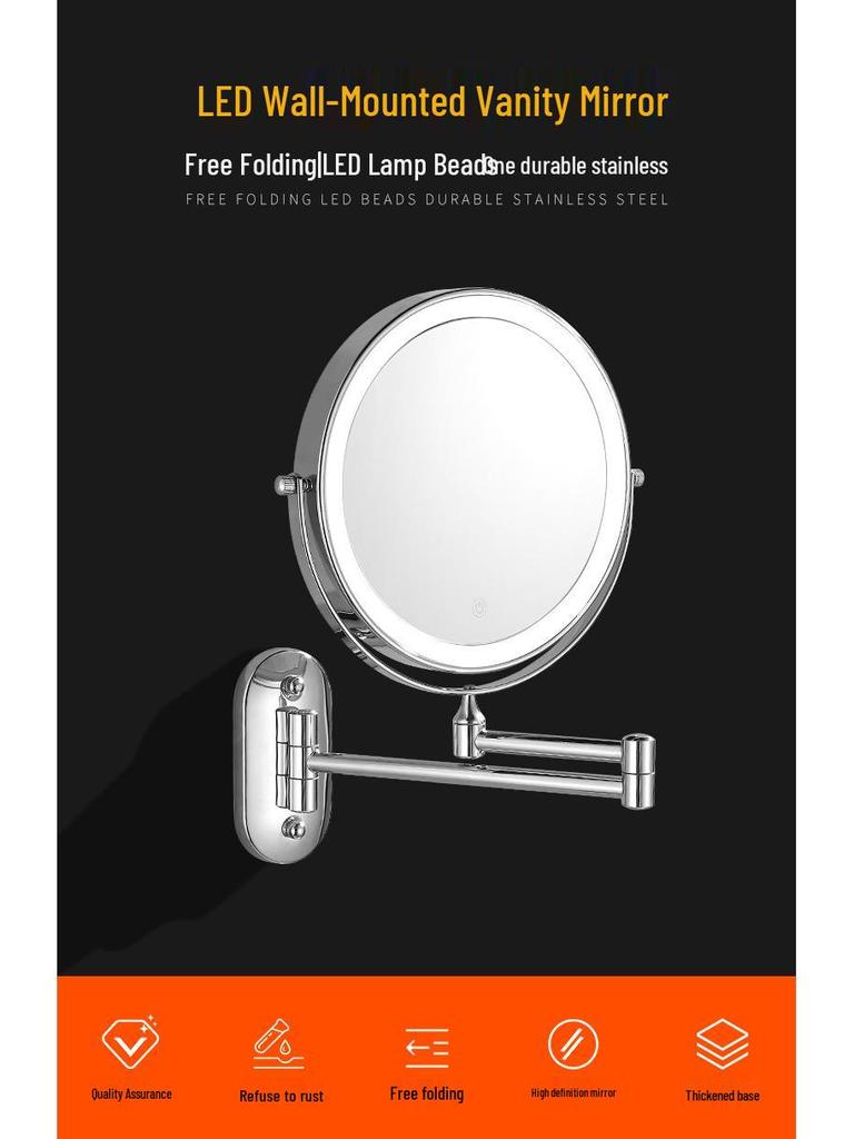 8-Inch Double-Sided LED Makeup Mirror: Wall-Mounted, Folding, Retractable, Lighted, Magnifying, Rechargeable Bathroom Vanity Mirror.