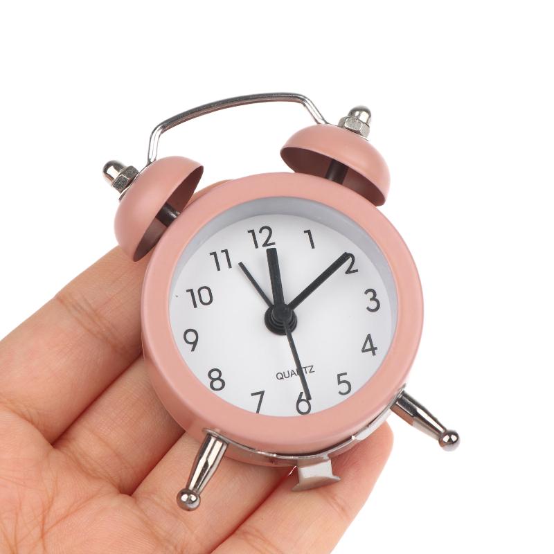 Mini Retro Twin Bell Alarm Clock Metal Frame Loud Wake Up Timer Compact Small Desk Ornament for Student Dorm Bedroom Bedside Use
