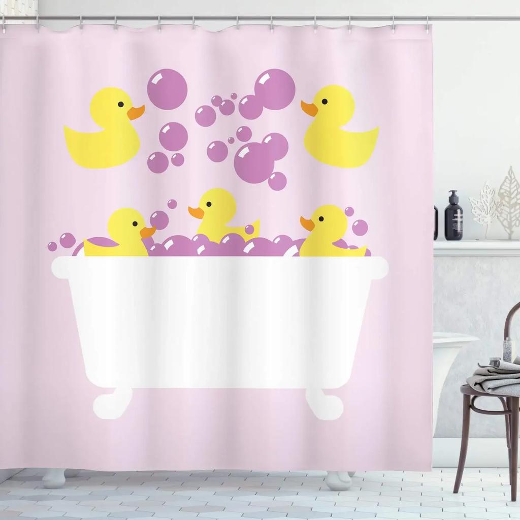 Duck Shower Curtain Cartoon Character Taking A Bath Colorful Drops Backdrop Dots,Cloth Fabric Bathroom Curtains with Hooks
