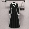 New Spring Fashion Temperament Contrasting Color Patchwork V-neck Slim Long Sleeved Oversized Women's Dress