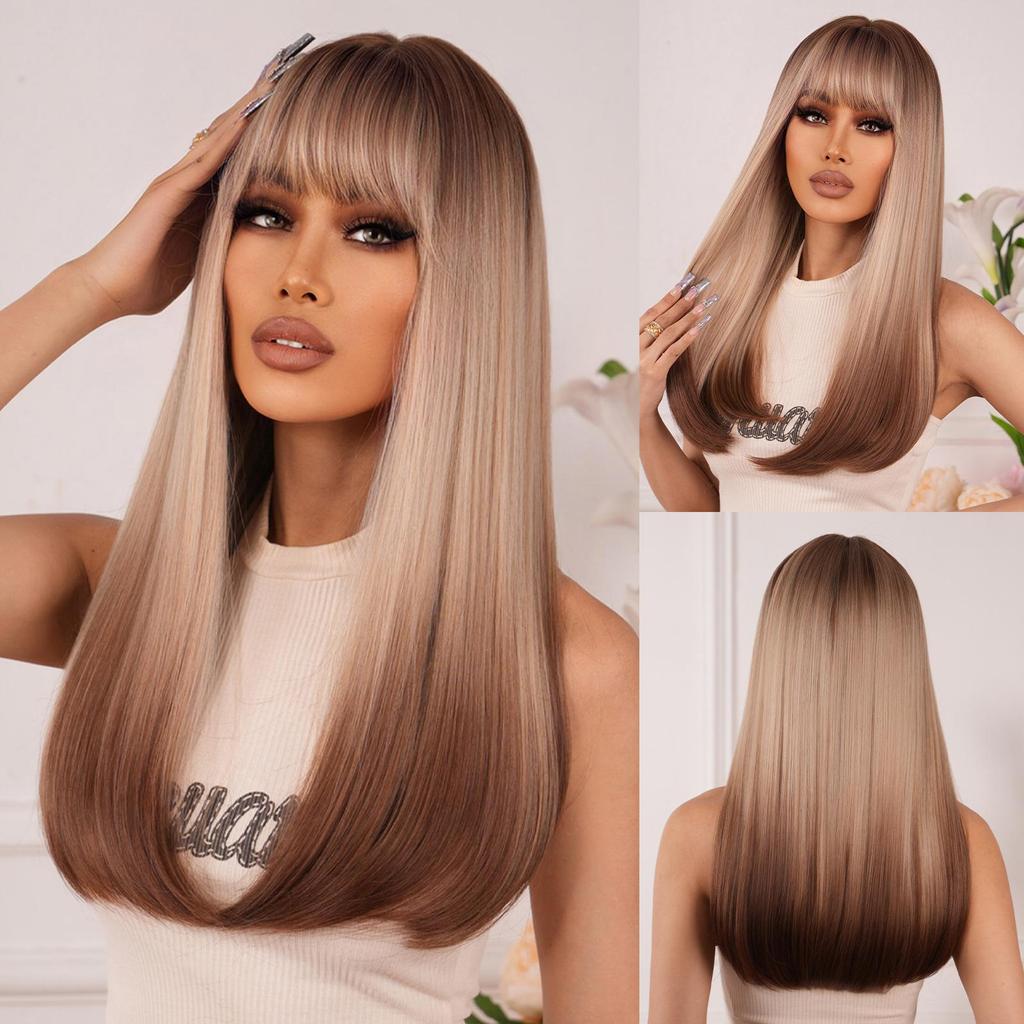 ALAN EATON Blonde Brown Ombre Synthetic Wigs Long Straight Layered Wig for Women Cosplay Party Natural Hair Wig Heat Resistant Coupon & Discount
