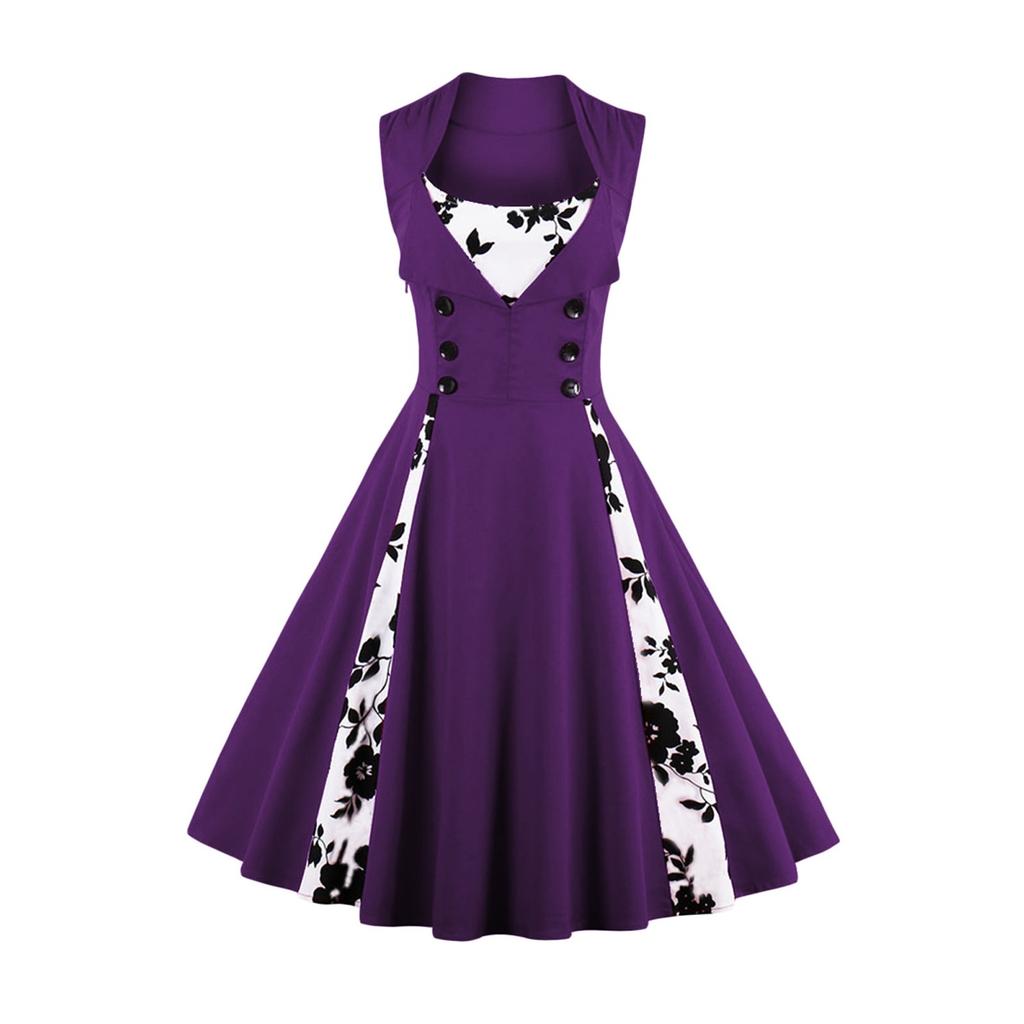 Women's Fashion Dress Vintage Slim Fit Sleeveless Floral Print Dress