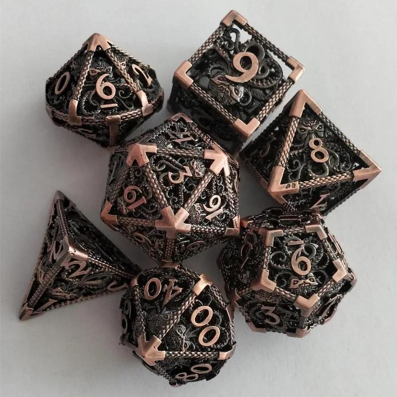 Набор из 7 полых металлических кубиков для D&D RPG с гравировкой дракона, многогранные кубики, настольные игровые аксессуары для Мастера Подземелий, коллекционера