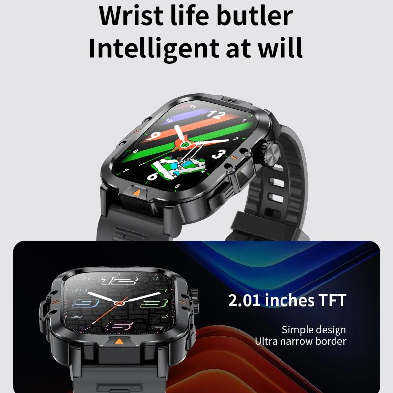 Новые мужские смарт-часы 2025 года с 2,01-дюймовым HD-экраном, фонариком, для занятий спортом на открытом воздухе, водонепроницаемые IP68, с монитором здоровья, для звонков